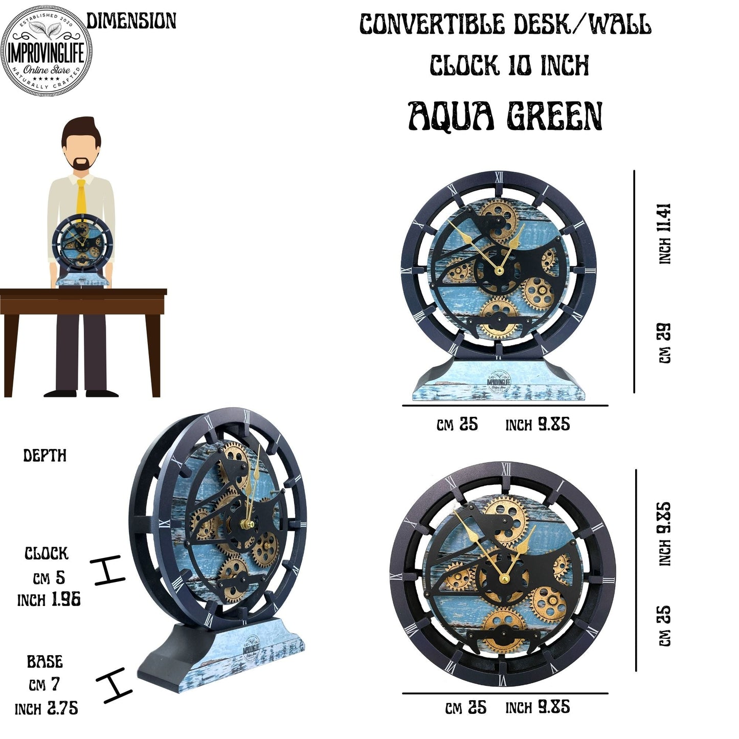 CANADA LINE DESK CLOCK ROUND (HYBRID WALL) 10 INCH AQUA GREEN