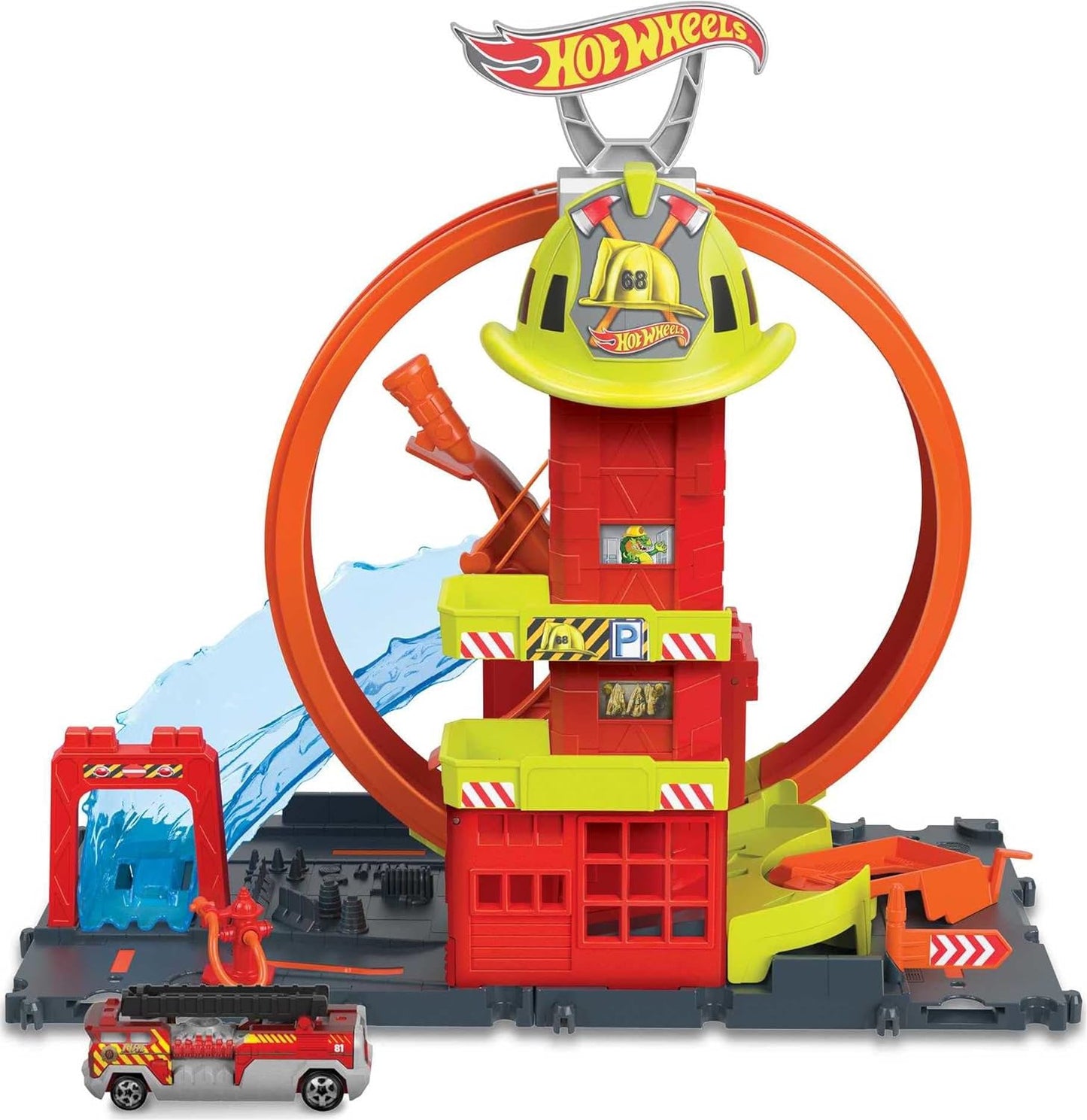 Hot Wheels City with 1 Toy Car, Kid-Powered Elevator, Water-Like Ramp, Track-Play Features, Connects to Other Sets, Fire Station with Super Loop For Ages 4+