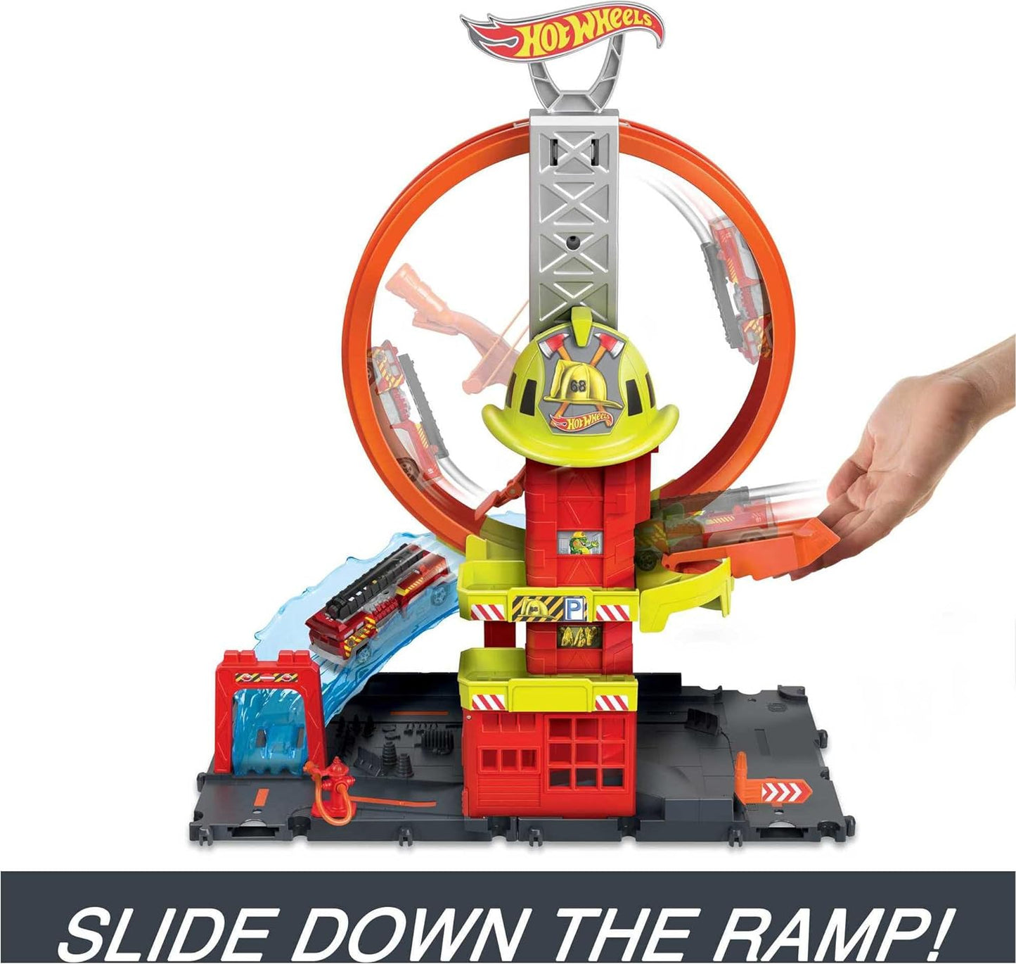 Hot Wheels City with 1 Toy Car, Kid-Powered Elevator, Water-Like Ramp, Track-Play Features, Connects to Other Sets, Fire Station with Super Loop For Ages 4+