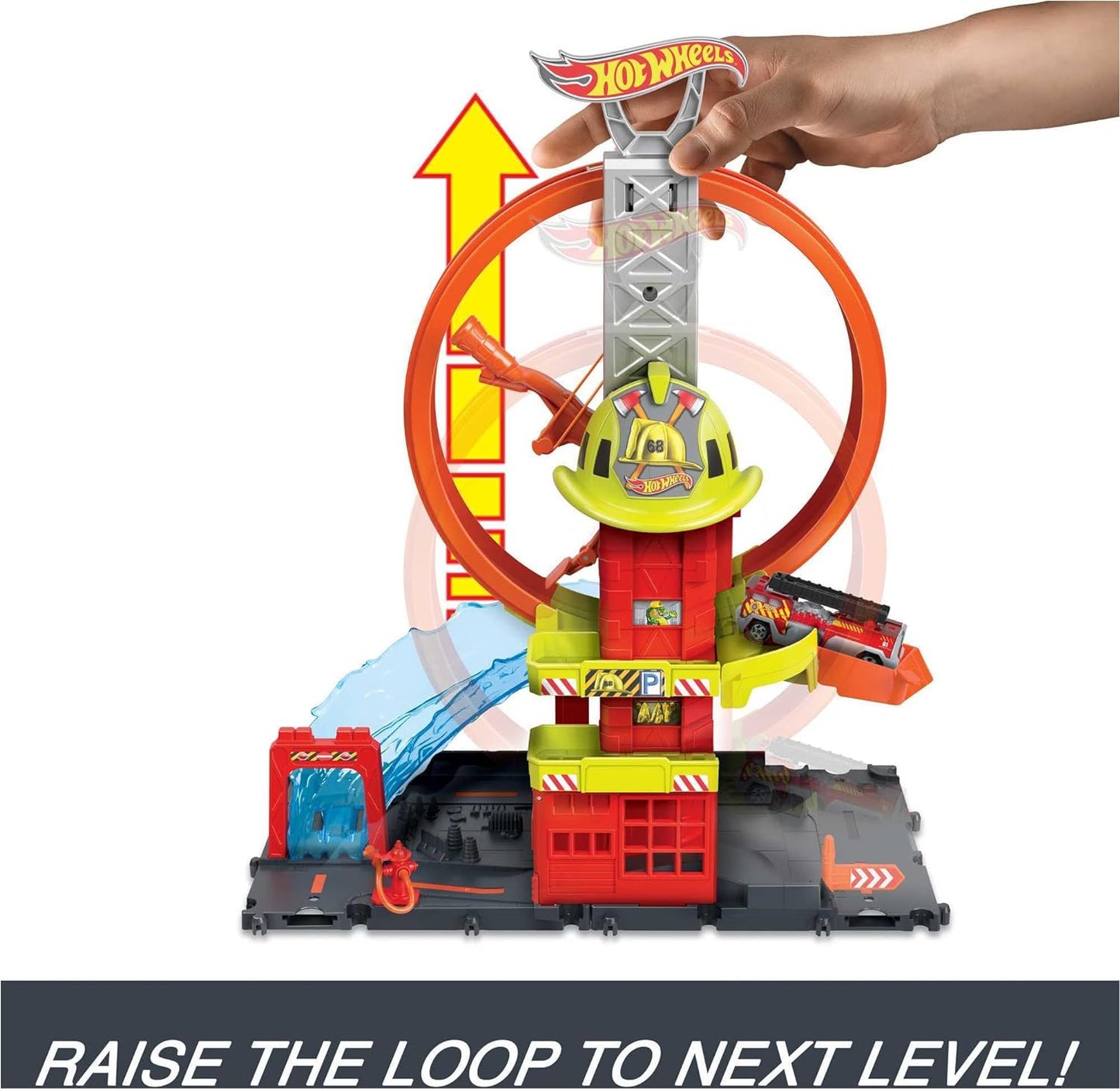 Hot Wheels City with 1 Toy Car, Kid-Powered Elevator, Water-Like Ramp, Track-Play Features, Connects to Other Sets, Fire Station with Super Loop For Ages 4+