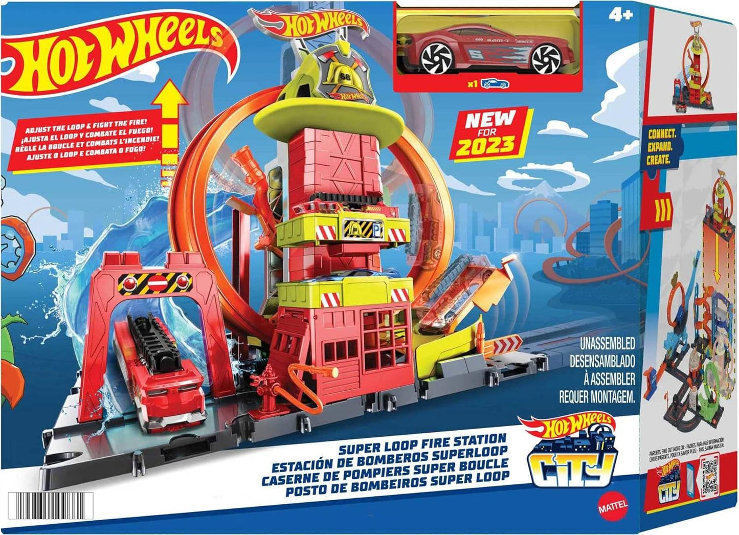 Hot Wheels City with 1 Toy Car, Kid-Powered Elevator, Water-Like Ramp, Track-Play Features, Connects to Other Sets, Fire Station with Super Loop For Ages 4+