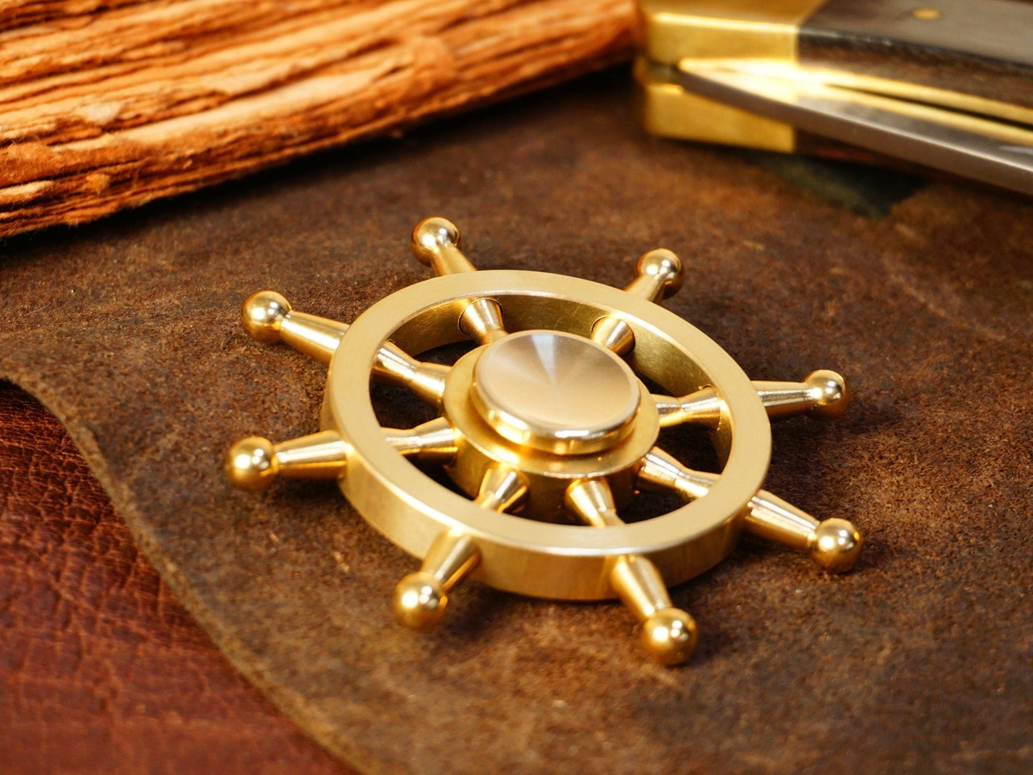 The Ships Helm, Brass fidget spinner - 6 removable weights, medium hand spinner