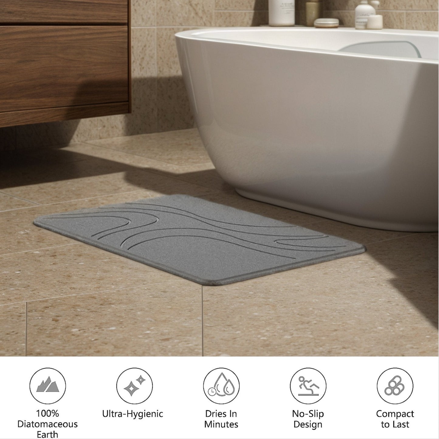 TerraDry Stone Bath Mat - Non-Slip Super Absorbent Diatomaceous Earth Stone Mat